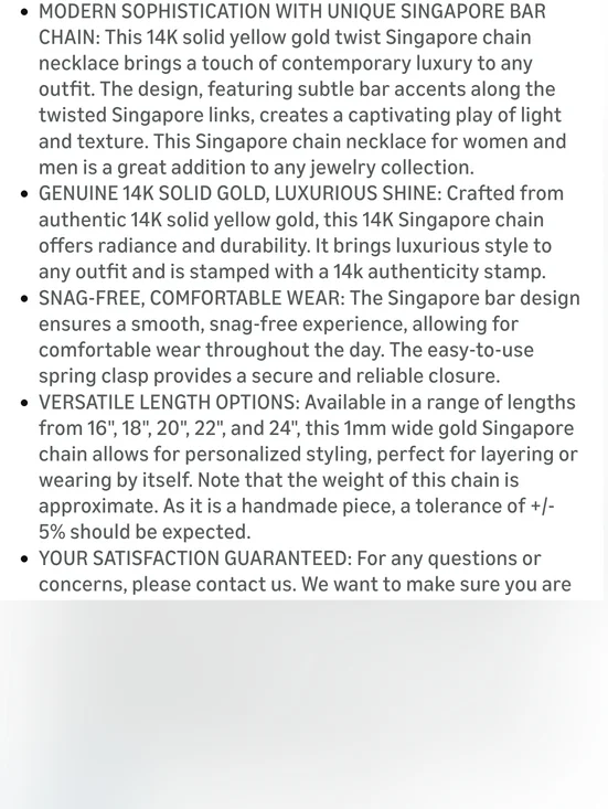 NIB 14K Solid Yellow 1mm Singapore Bar Chain 20" - Picture 10 of 14